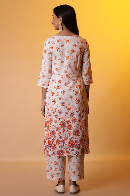 White and Orange Floral Printed Kurta and Palazzo Co-ord Set