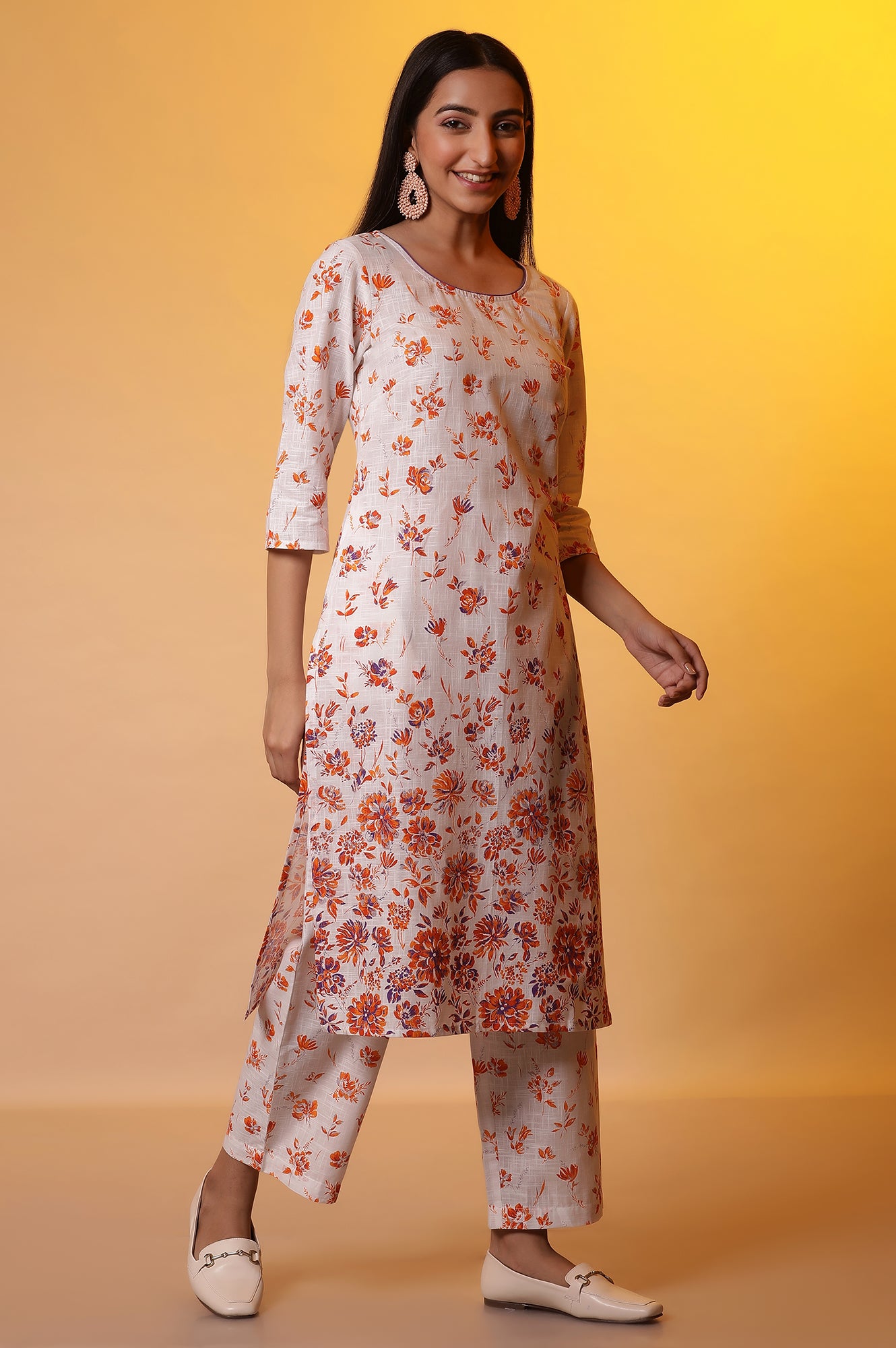 White and Orange Floral Printed Kurta and Palazzo Co-ord Set