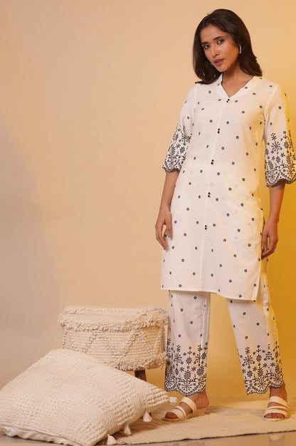 White Schiffli Straight Kurta and Pants Co-ord Set