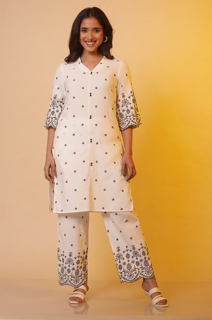 White Schiffli Straight Kurta and Pants Co-ord Set