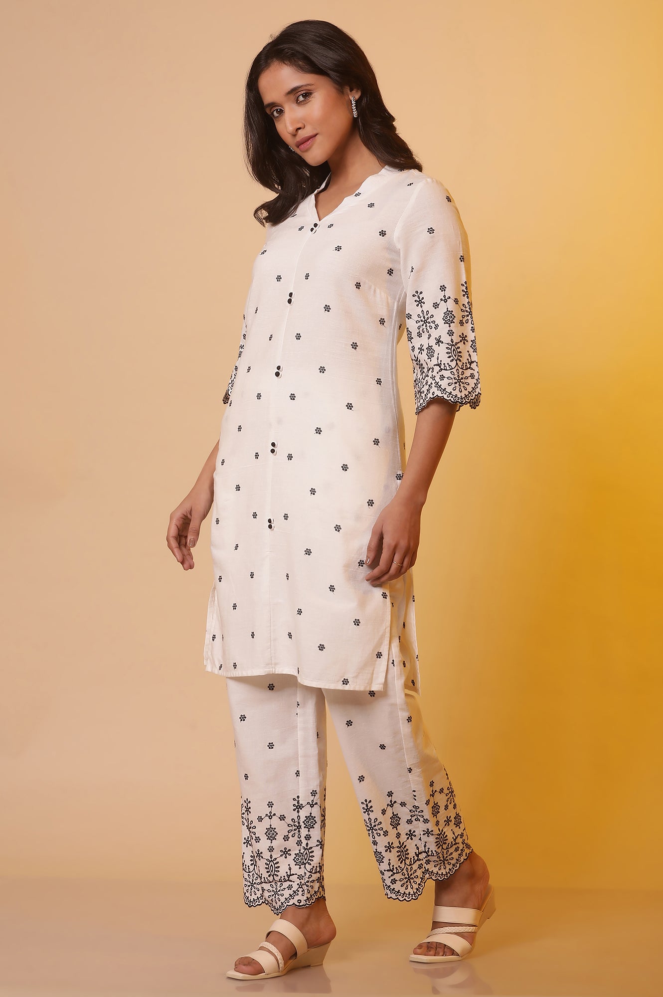 White Schiffli Straight Kurta and Pants Co-ord Set