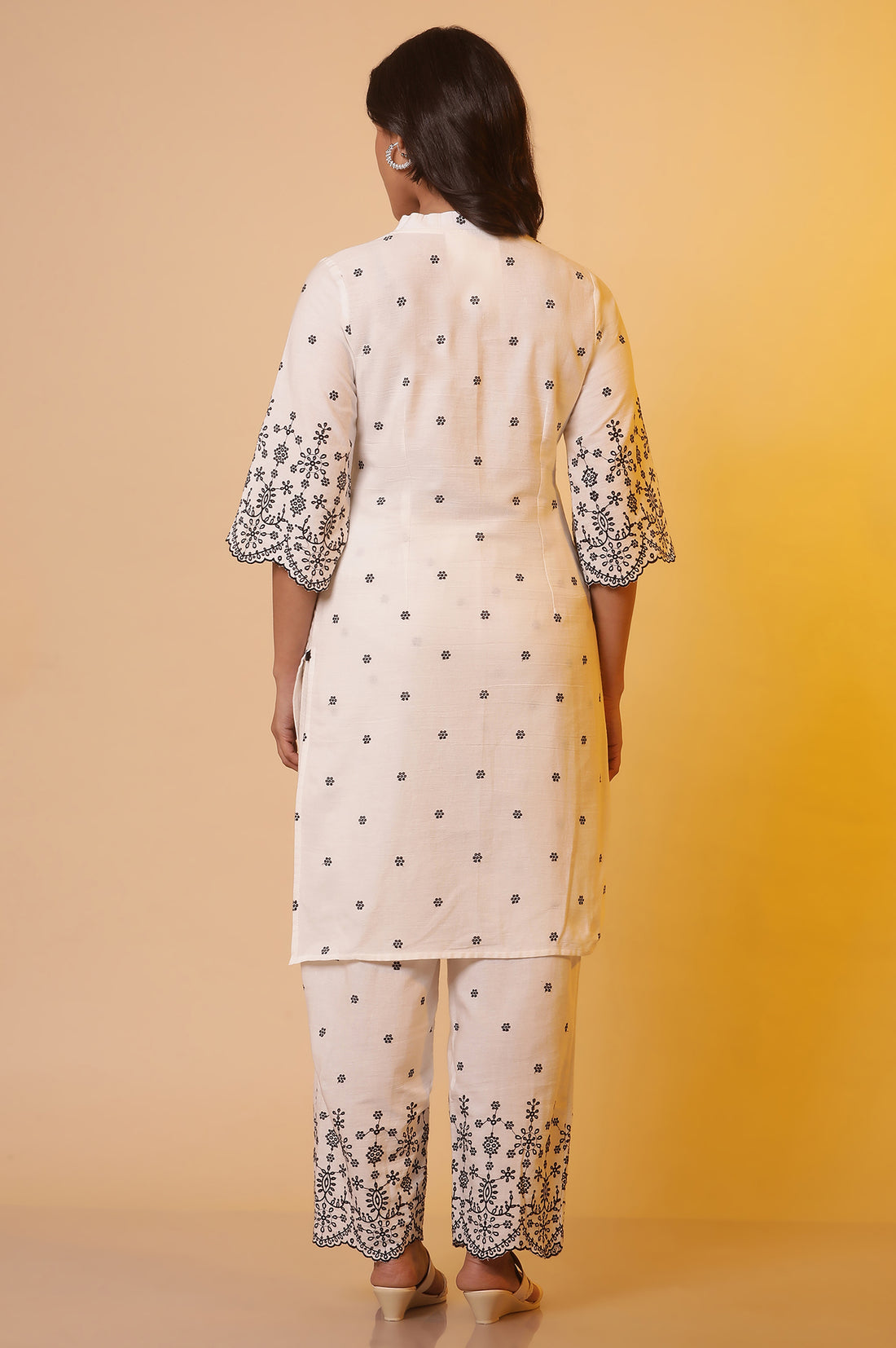 White Schiffli Straight Kurta and Pants Co-ord Set