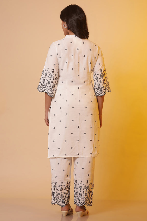 White Schiffli Straight Kurta and Pants Co-ord Set