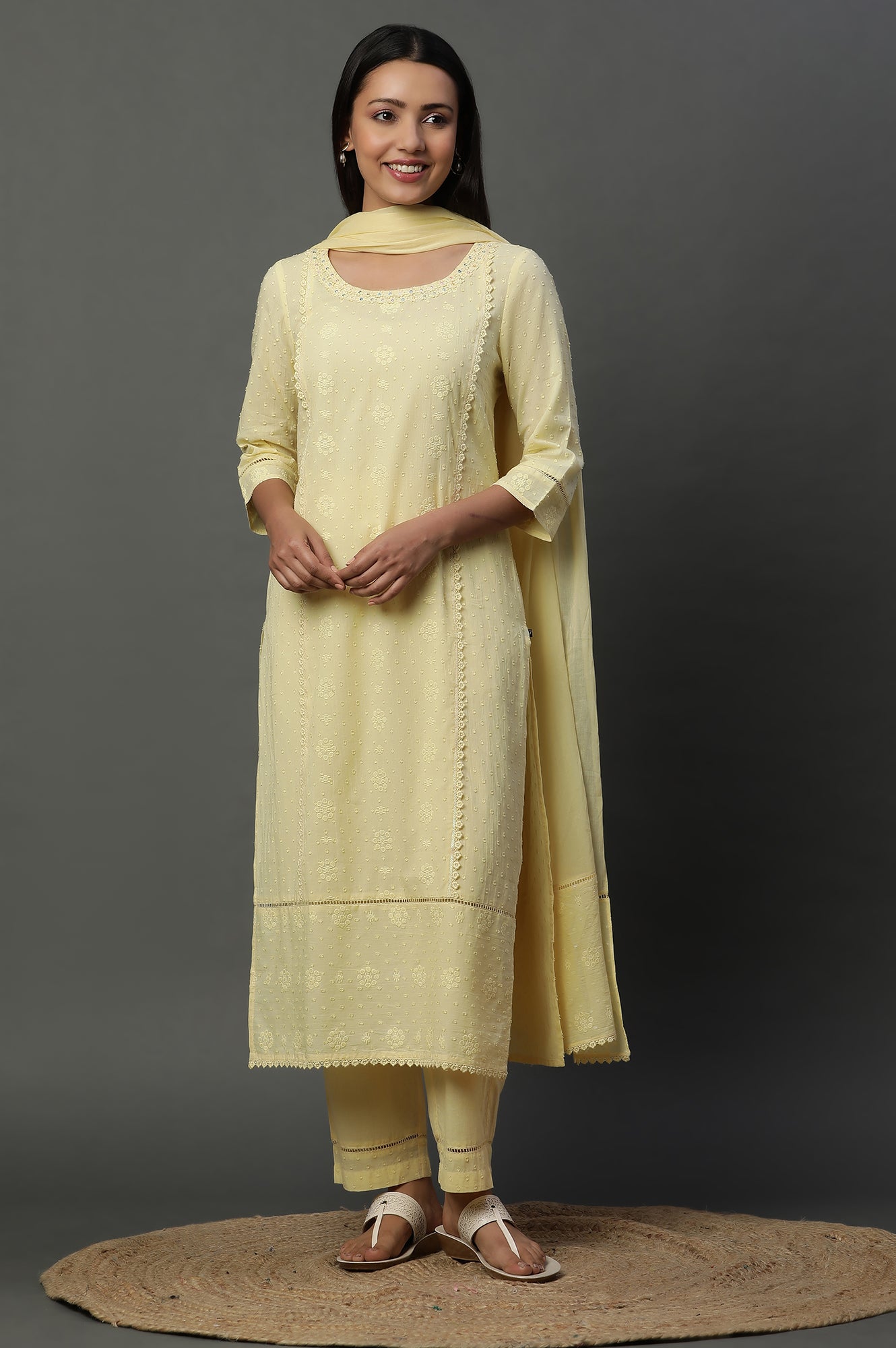 Yellow Schiffli Lace Kurta, Pants and Dupatta