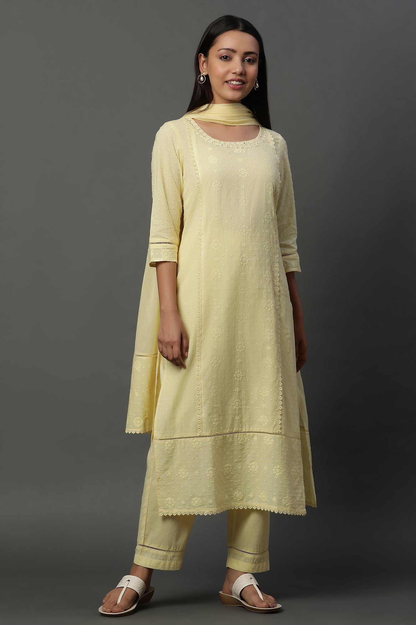 Yellow Schiffli Lace Kurta, Pants and Dupatta