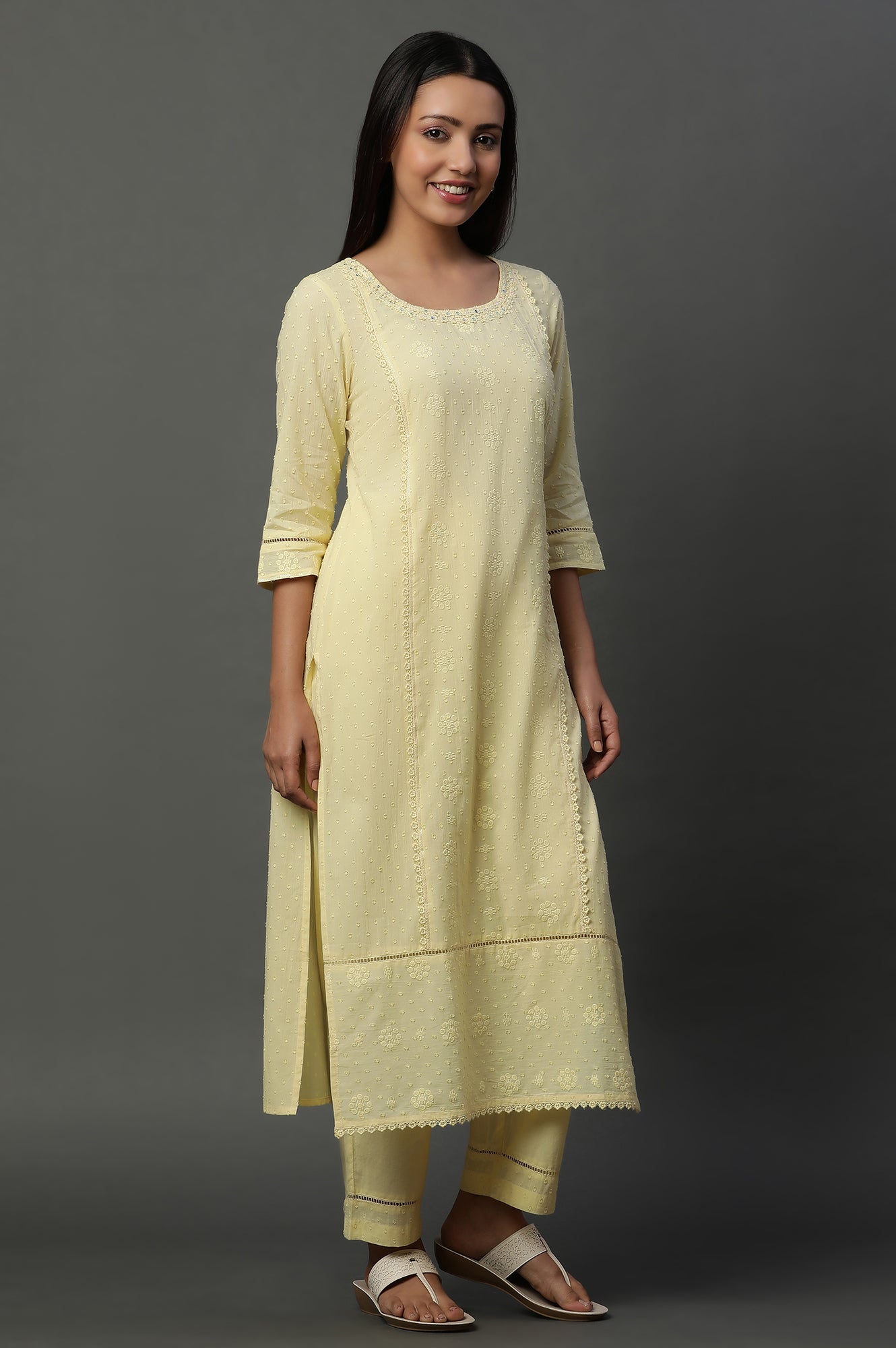 Yellow Schiffli Lace Kurta, Pants and Dupatta