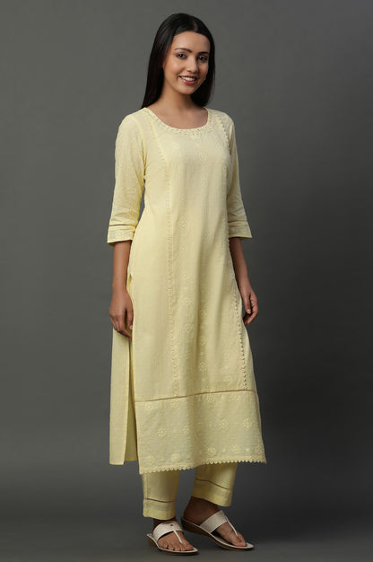 Yellow Schiffli Lace Kurta, Pants and Dupatta