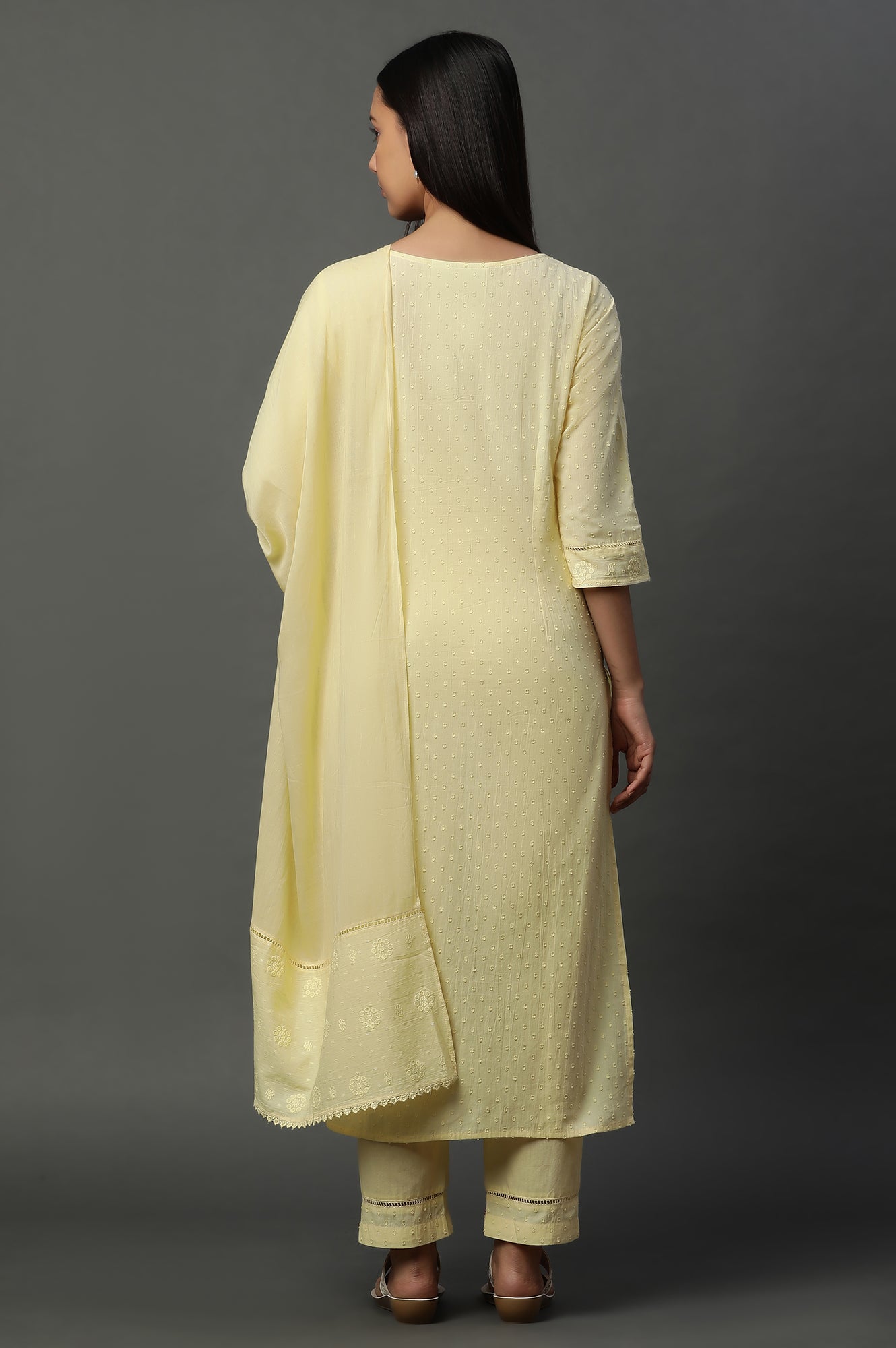 Yellow Schiffli Lace Kurta, Pants and Dupatta