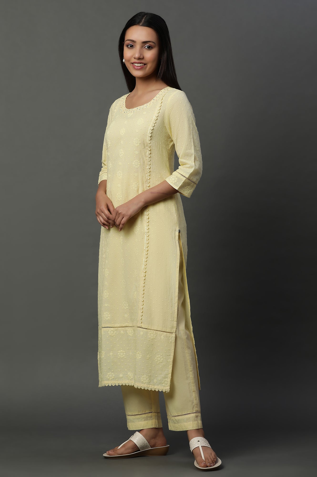 Yellow Schiffli Lace Kurta, Pants and Dupatta