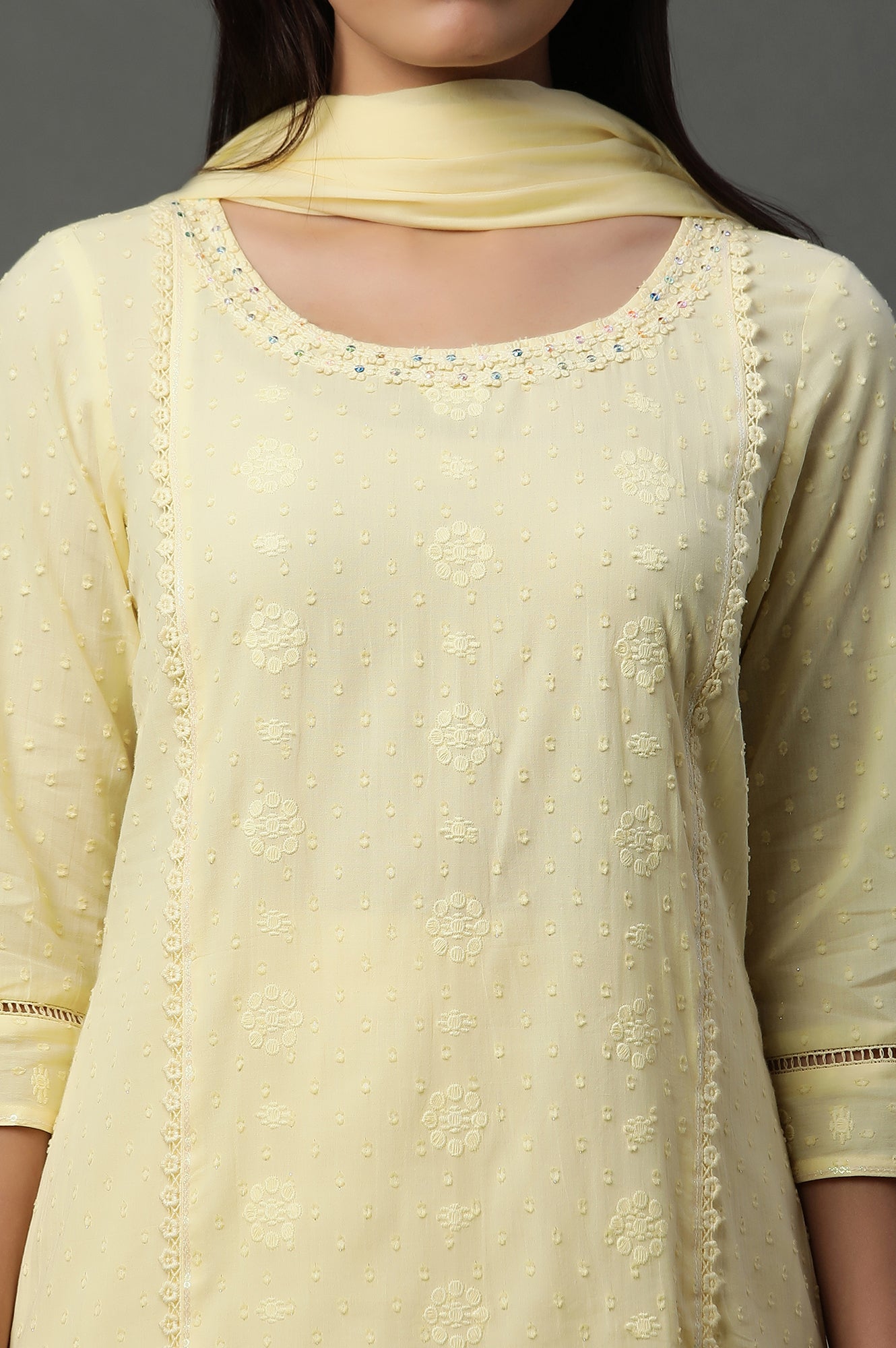 Yellow Schiffli Lace Kurta, Pants and Dupatta