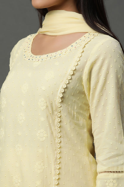 Yellow Schiffli Lace Kurta, Pants and Dupatta