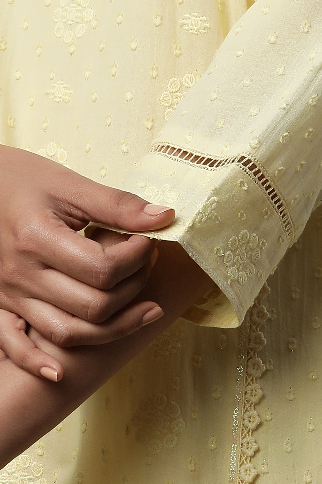 Yellow Schiffli Lace Kurta, Pants and Dupatta