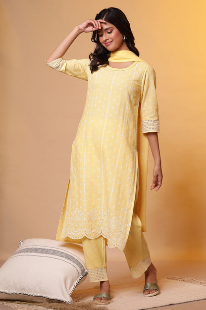 Yellow Schiffli Embroidered Kurta, Pants and Dupatta Set