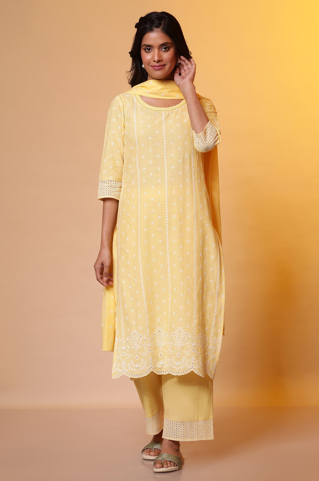 Yellow Schiffli Embroidered Kurta, Pants and Dupatta Set