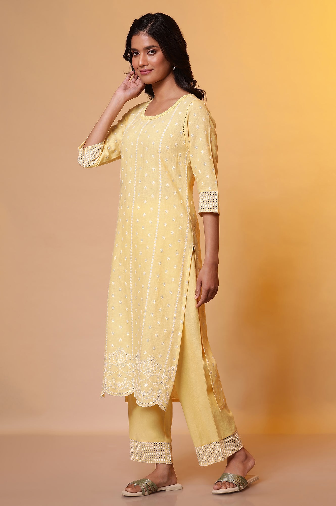 Yellow Schiffli Embroidered Kurta, Pants and Dupatta Set