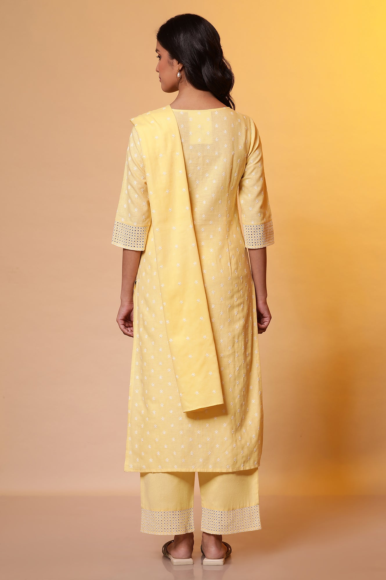 Yellow Schiffli Embroidered Kurta, Pants and Dupatta Set