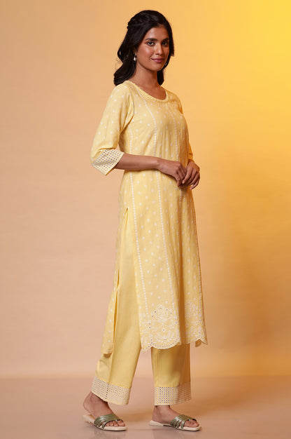 Yellow Schiffli Embroidered Kurta, Pants and Dupatta Set