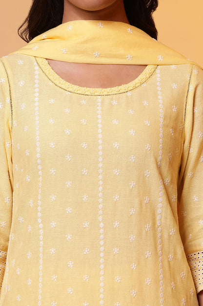 Yellow Schiffli Embroidered Kurta, Pants and Dupatta Set