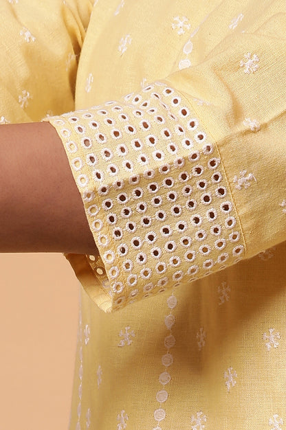 Yellow Schiffli Embroidered Kurta, Pants and Dupatta Set