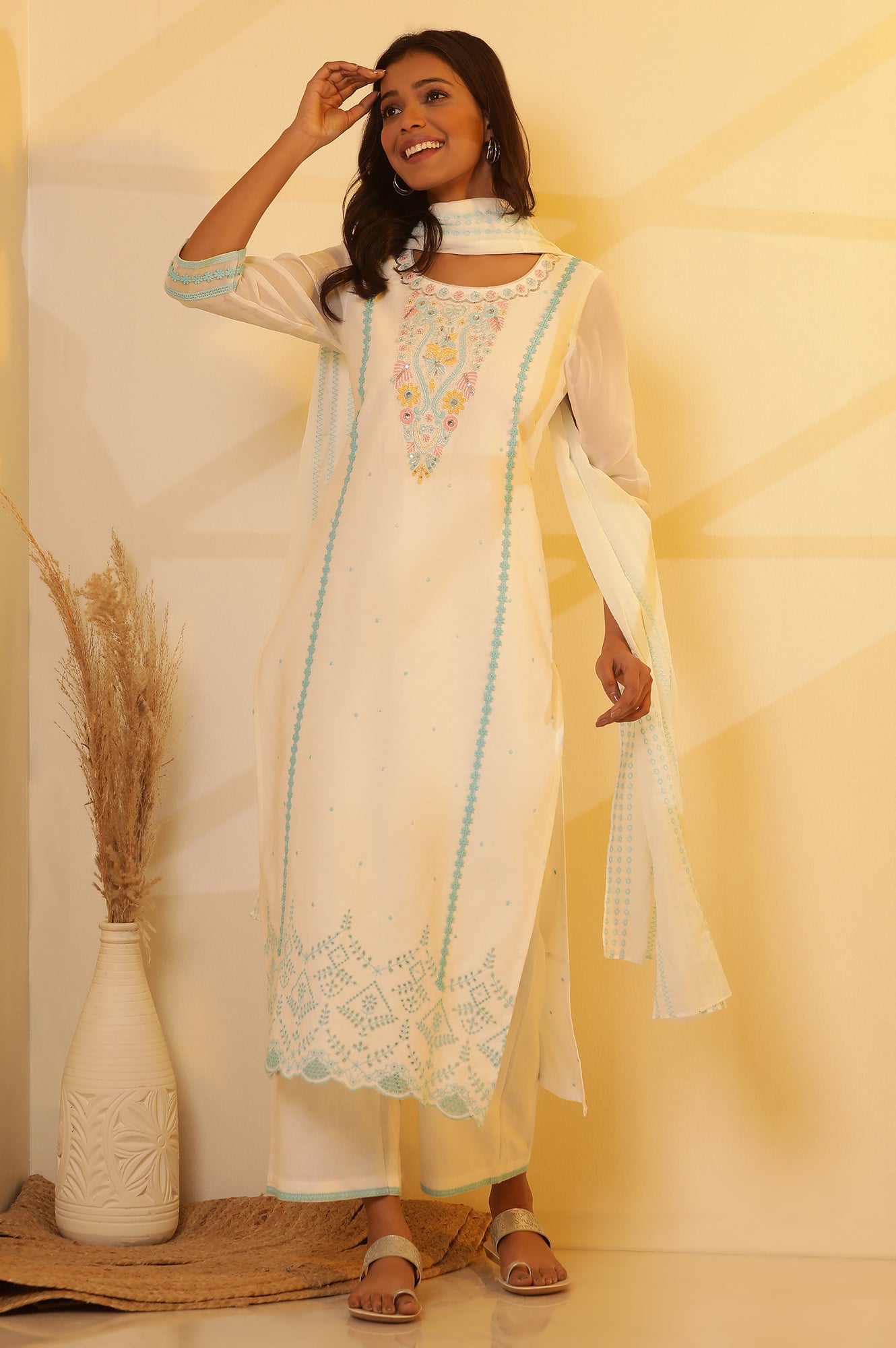 White Embroidered Straight Kurta, Pants and Dupatta Set