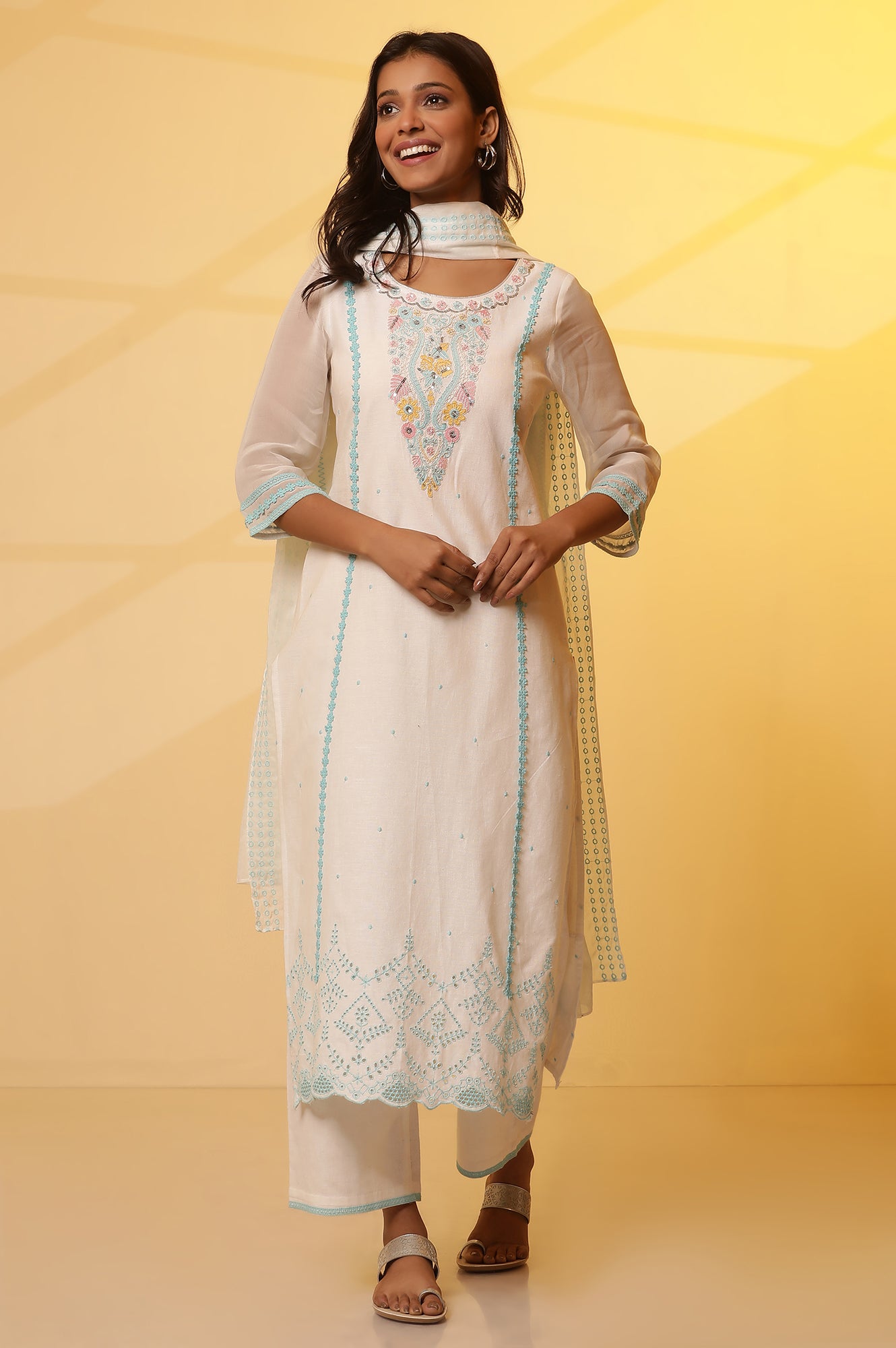 White Embroidered Straight Kurta, Pants and Dupatta Set