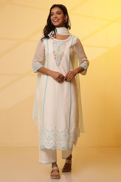 White Embroidered Straight Kurta, Pants and Dupatta Set