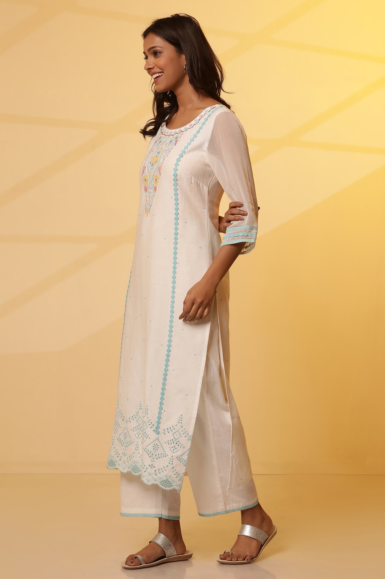 White Embroidered Straight Kurta, Pants and Dupatta Set