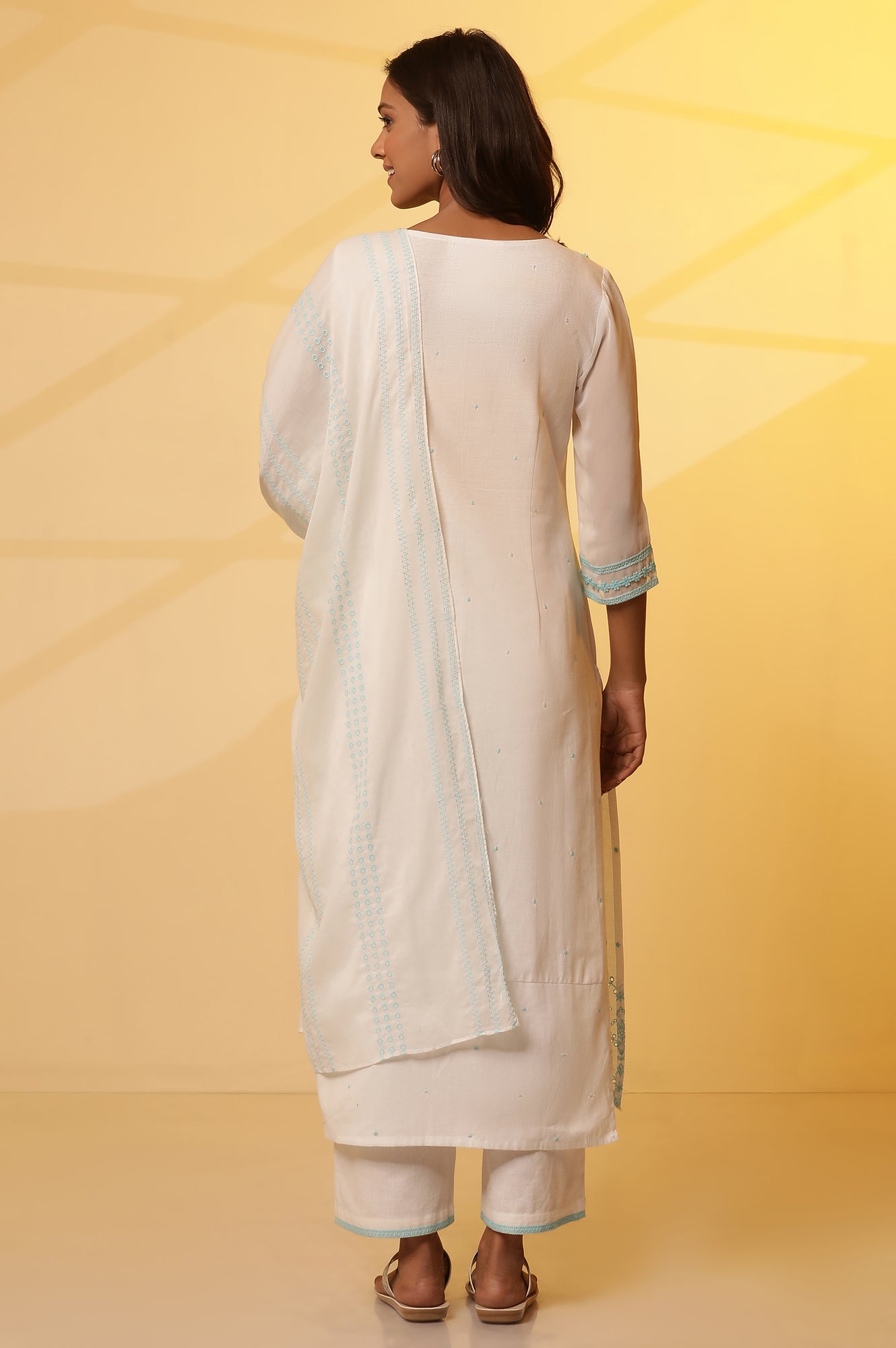 White Embroidered Straight Kurta, Pants and Dupatta Set