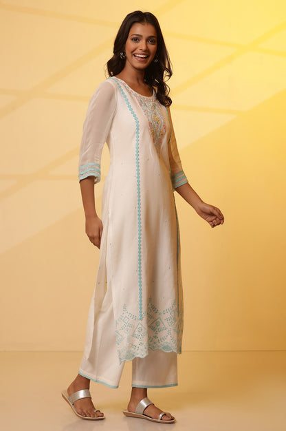 White Embroidered Straight Kurta, Pants and Dupatta Set