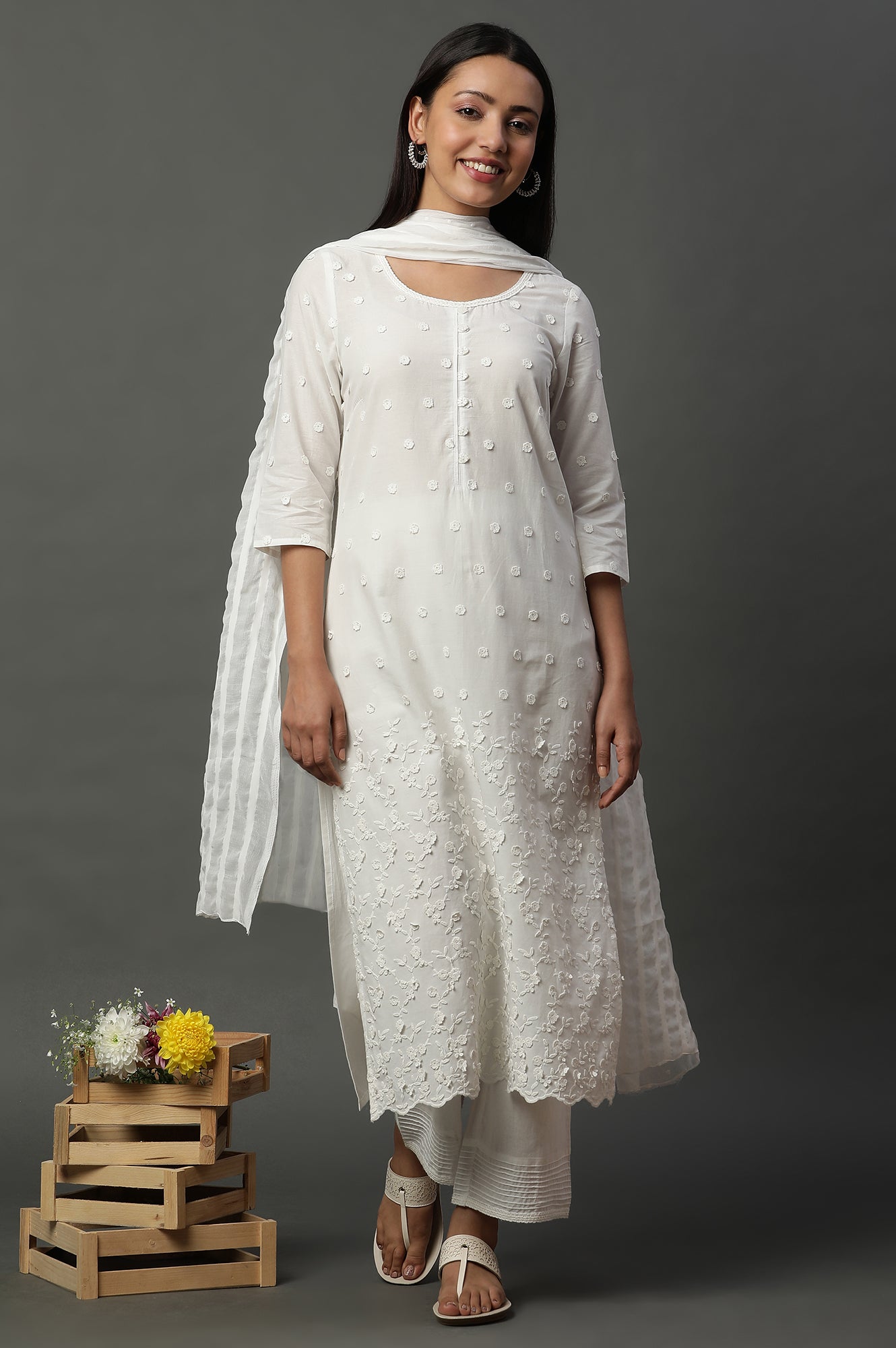 White Embroidered Kurta, Pants and Dupatta Set