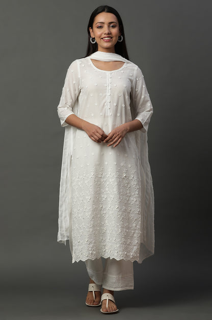 White Embroidered Kurta, Pants and Dupatta Set