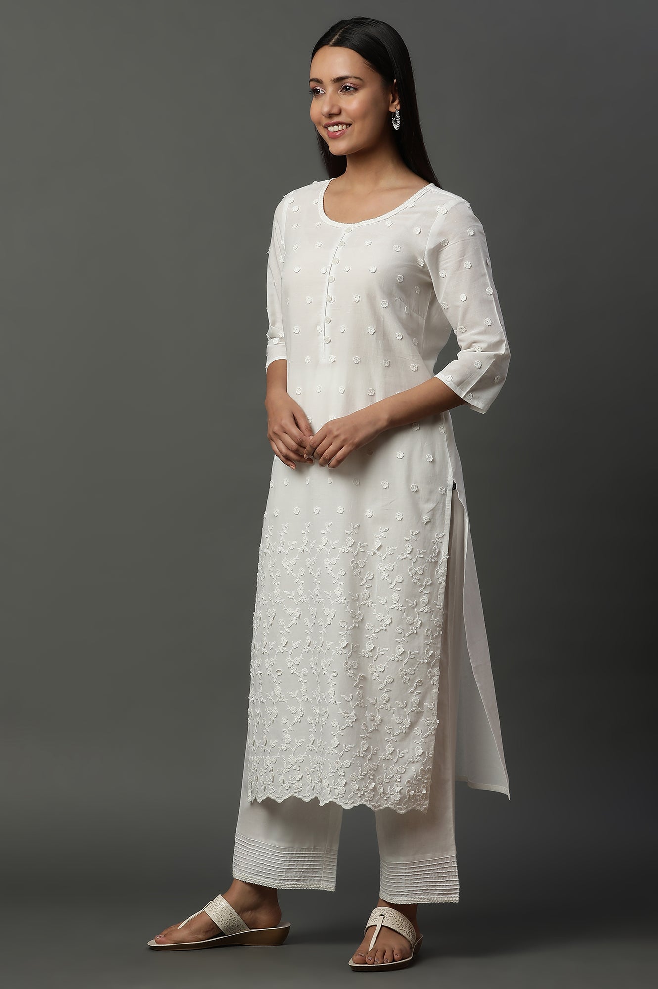 White Embroidered Kurta, Pants and Dupatta Set