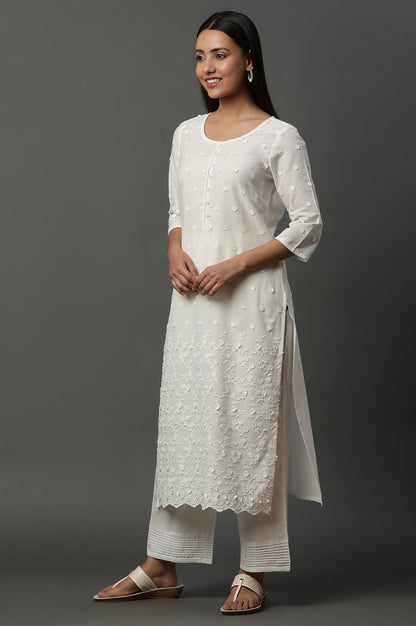 White Embroidered Kurta, Pants and Dupatta Set