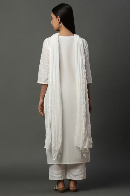 White Embroidered Kurta, Pants and Dupatta Set