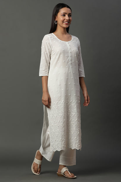 White Embroidered Kurta, Pants and Dupatta Set