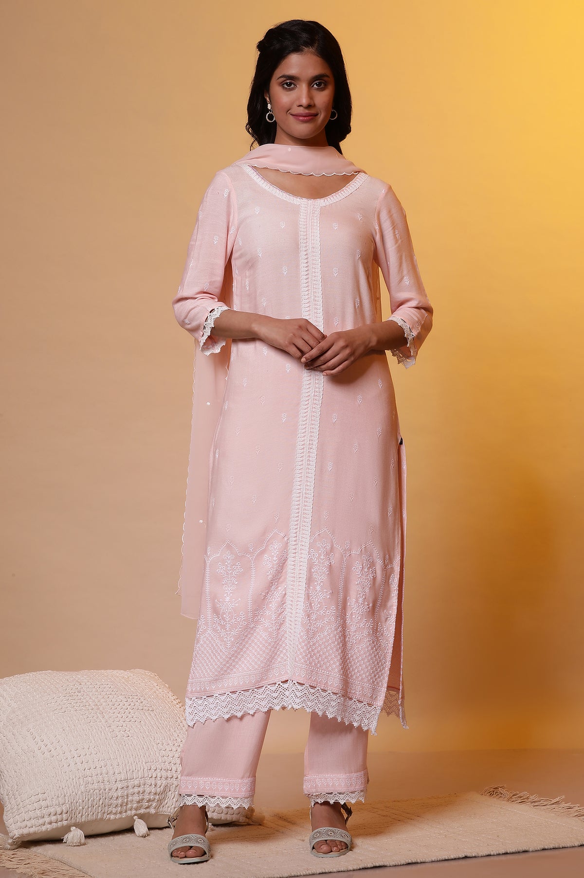 Pink Schiffli Embroidered Kurta, Pants and Dupatta - S