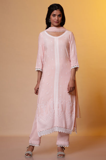 Pink Schiffli Embroidered Kurta, Pants and Dupatta