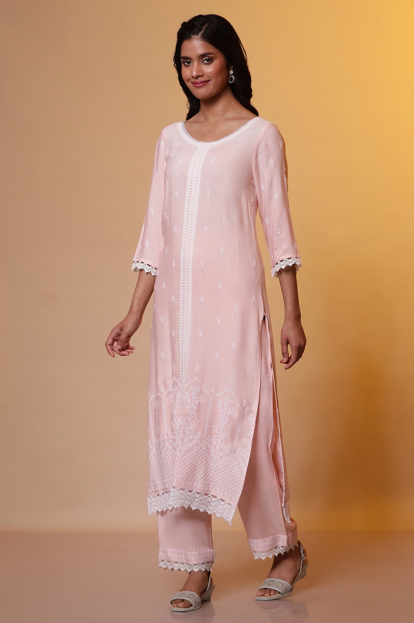 Pink Schiffli Embroidered Kurta, Pants and Dupatta