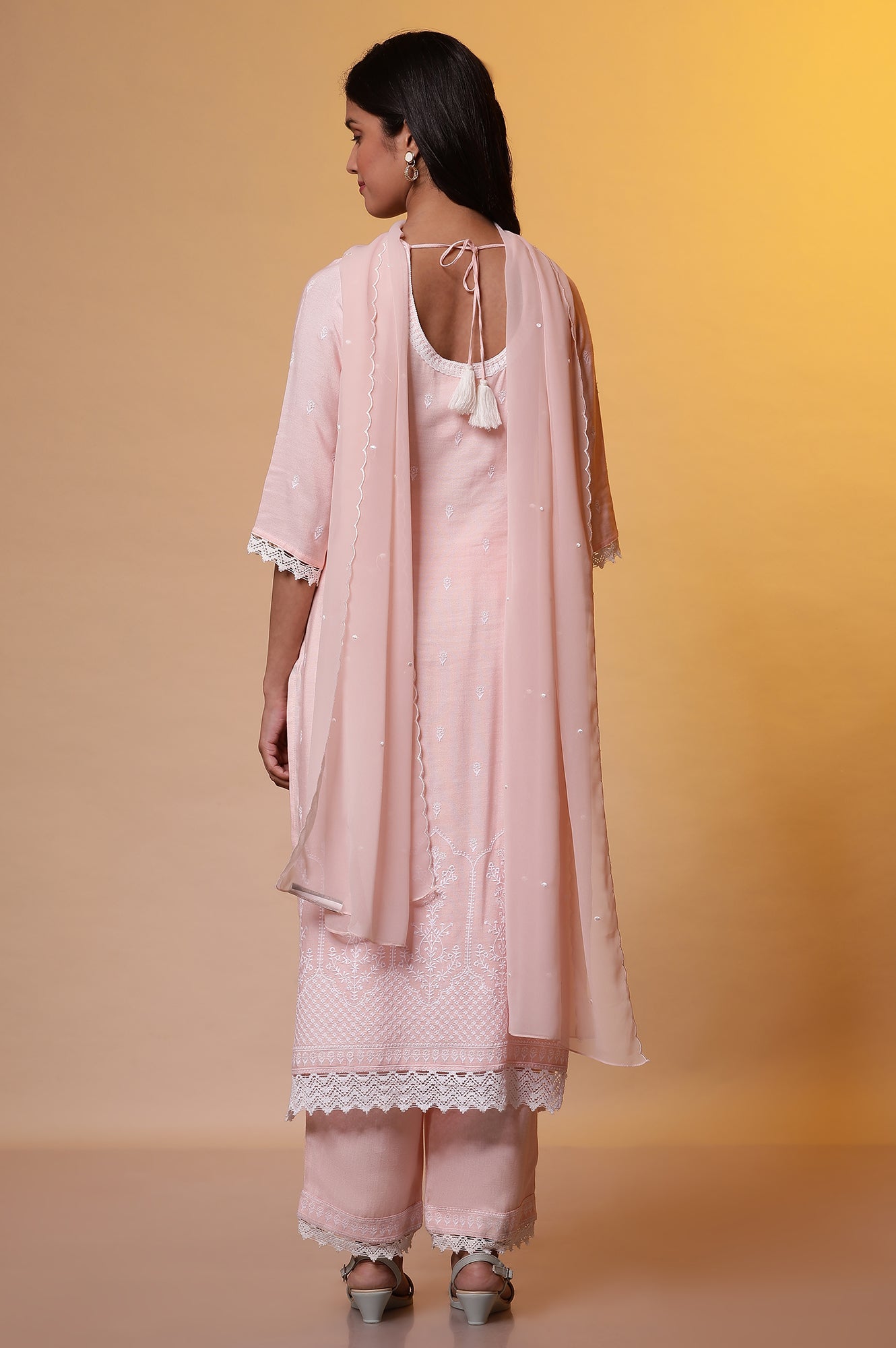 Pink Schiffli Embroidered Kurta, Pants and Dupatta