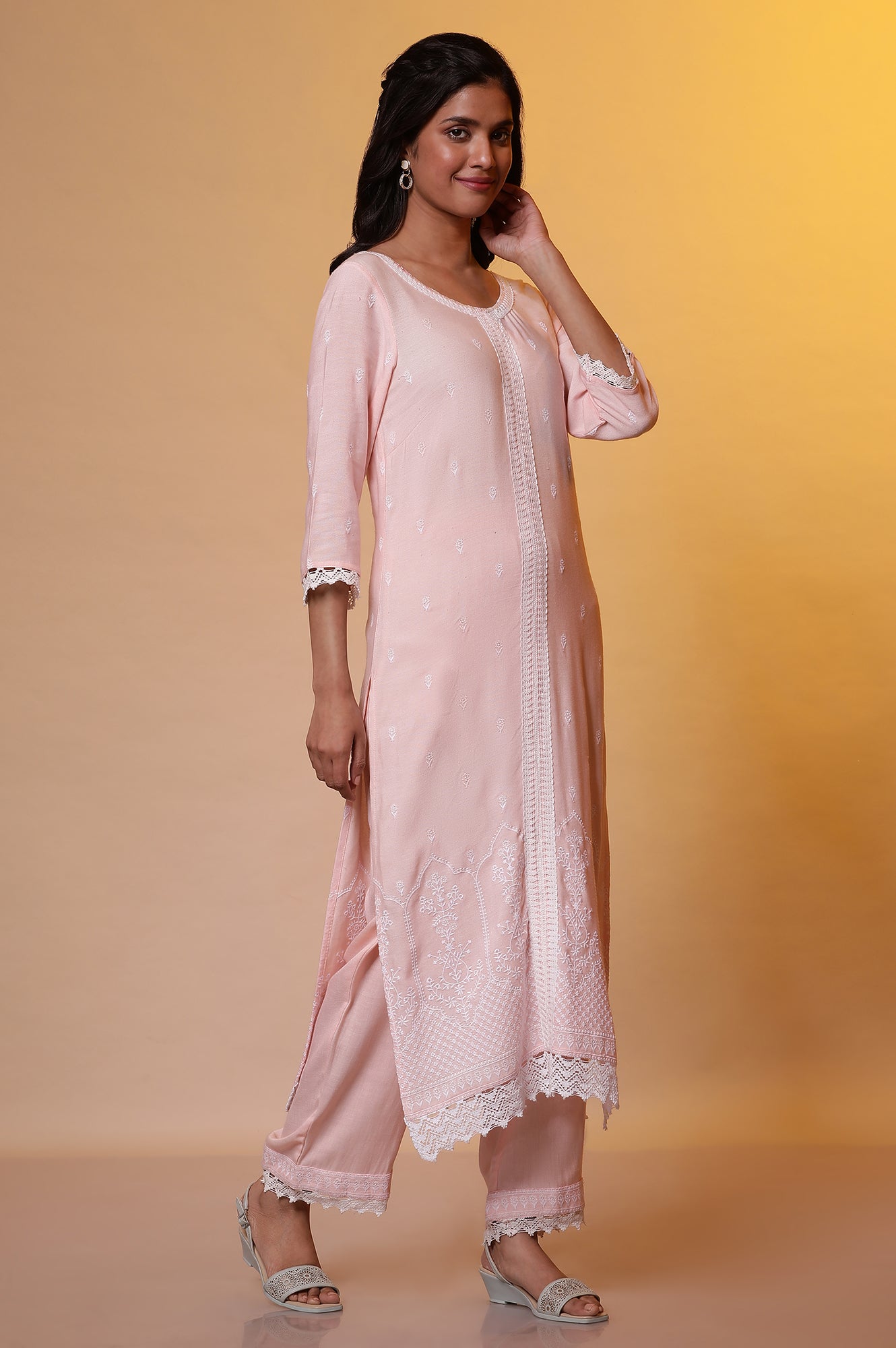 Pink Schiffli Embroidered Kurta, Pants and Dupatta