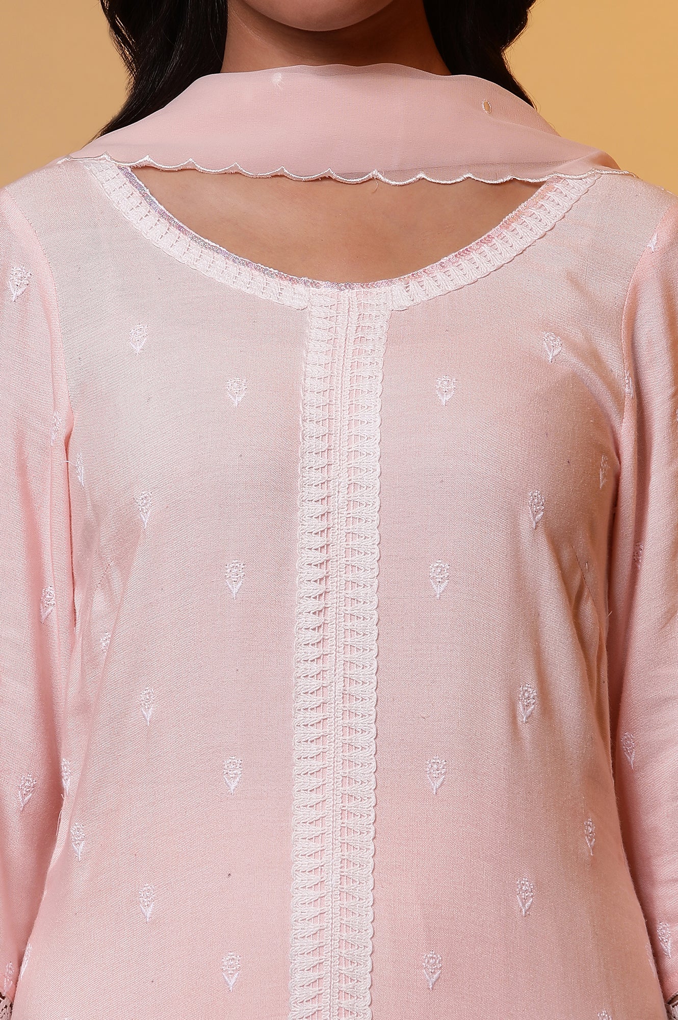 Pink Schiffli Embroidered Kurta, Pants and Dupatta