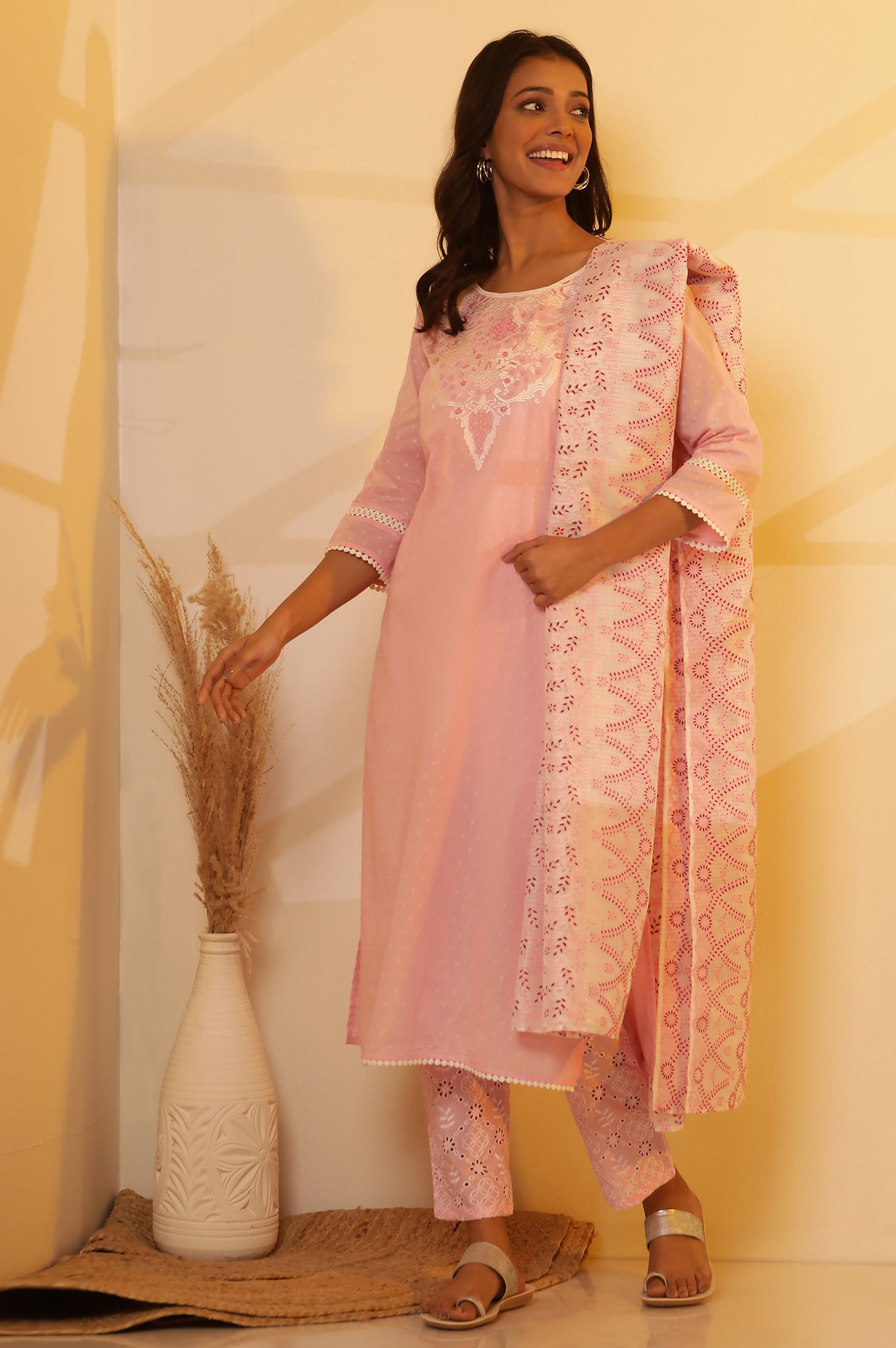 Pink Embroidered Cotton Kurta, Schiffli Pants and Dupatta Set