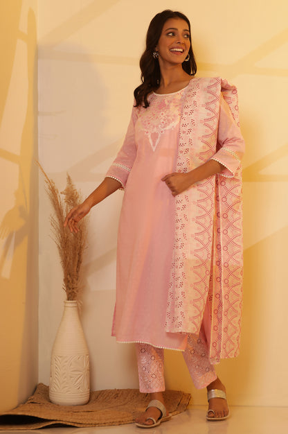 Pink Embroidered Cotton Kurta, Schiffli Pants and Dupatta Set