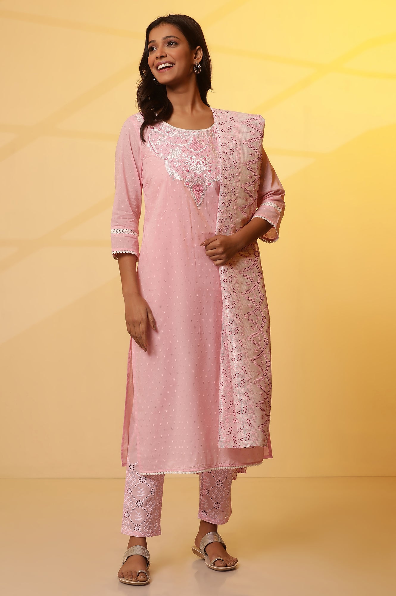 Pink Embroidered Cotton Kurta, Schiffli Pants and Dupatta Set