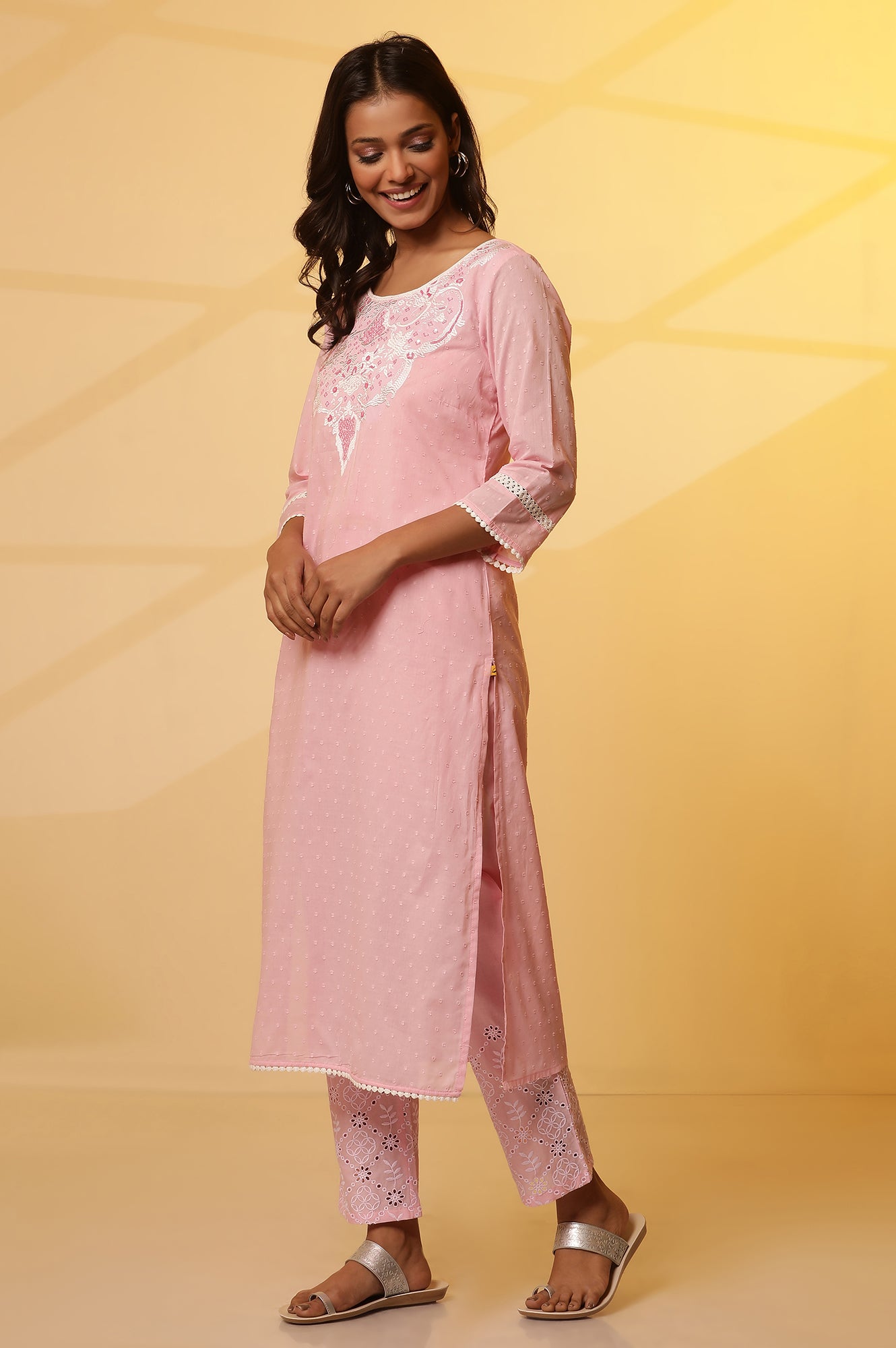 Pink Embroidered Cotton Kurta, Schiffli Pants and Dupatta Set