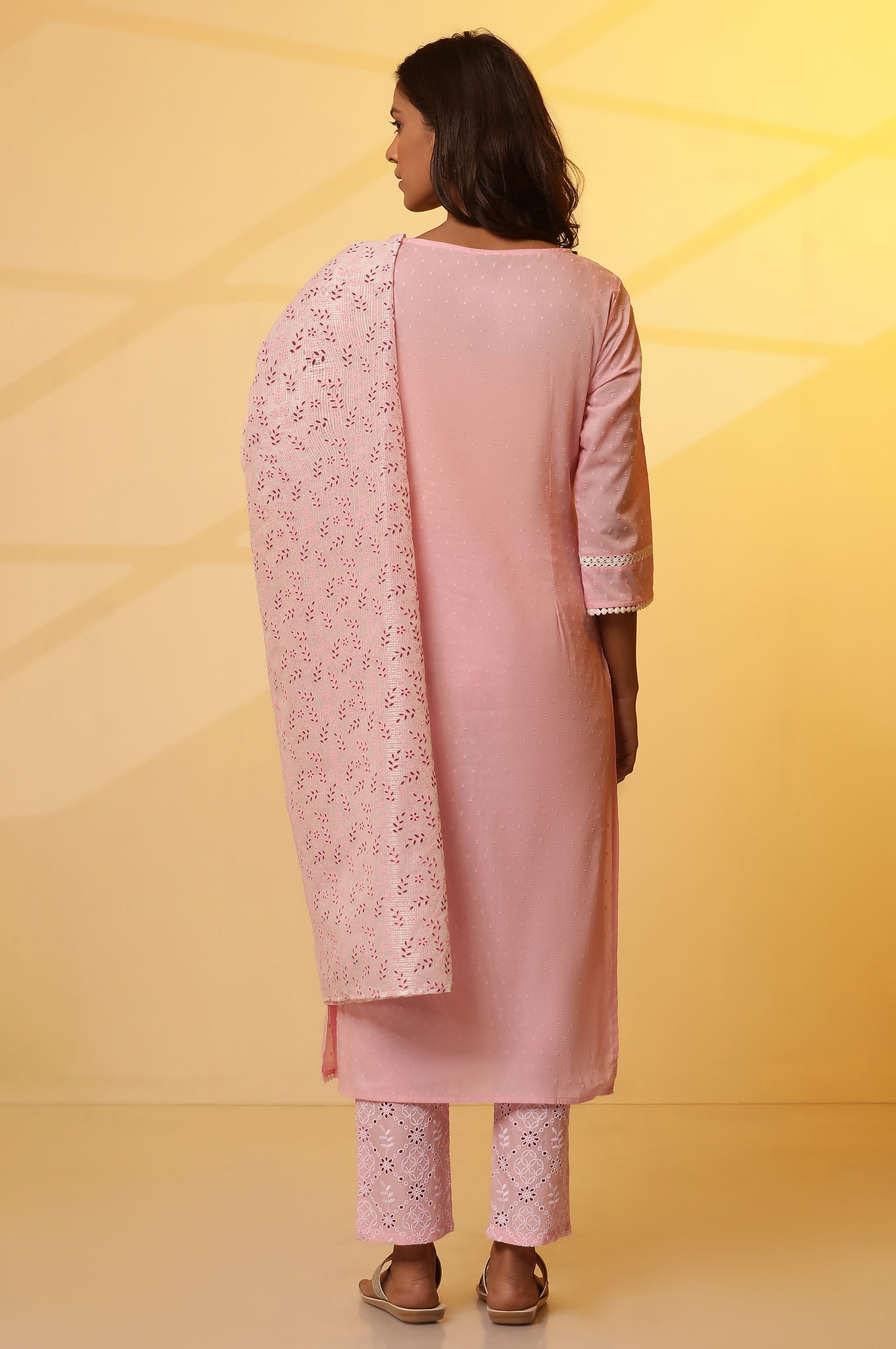 Pink Embroidered Cotton Kurta, Schiffli Pants and Dupatta Set