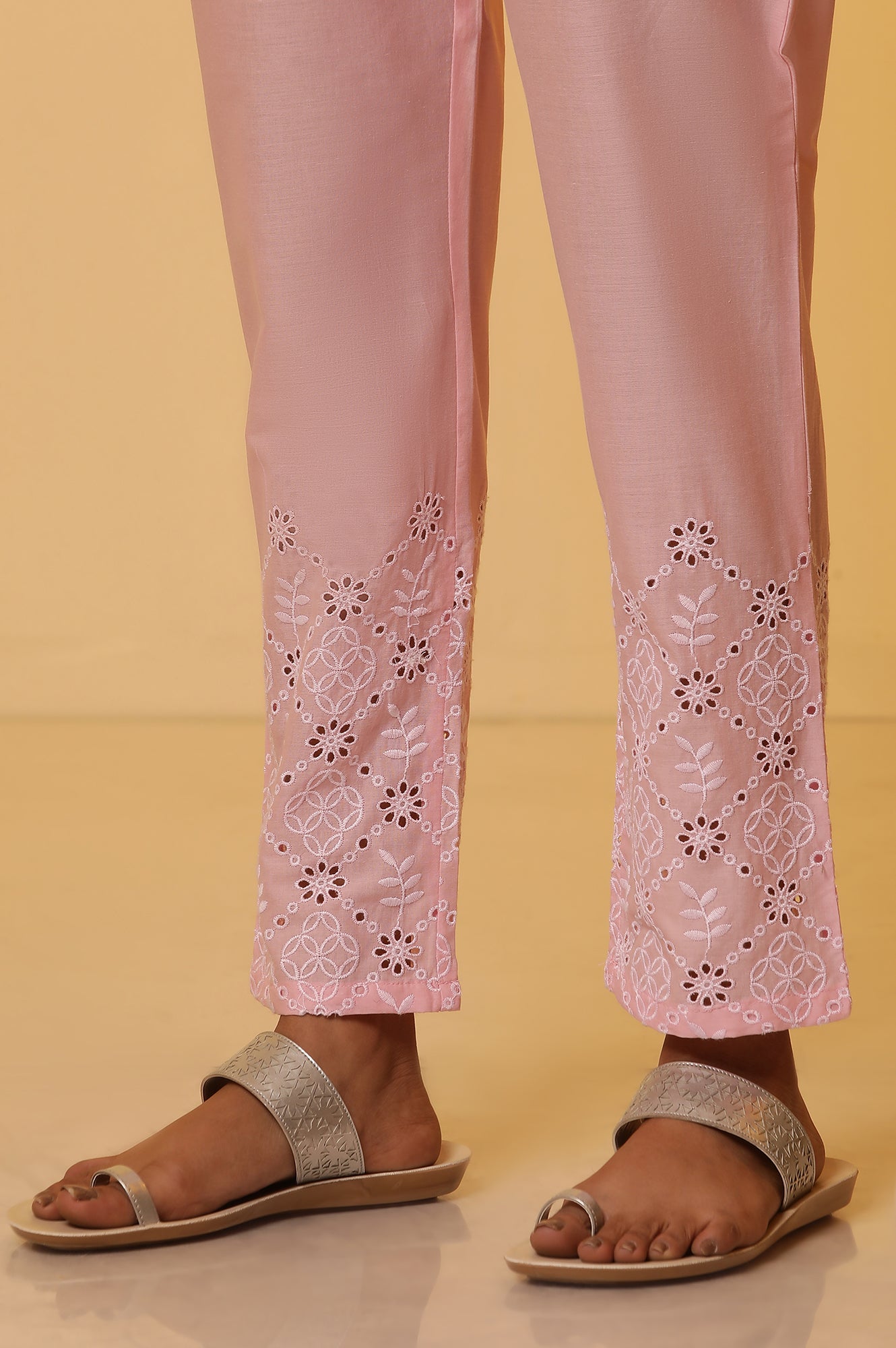 Pink Embroidered Cotton Kurta, Schiffli Pants and Dupatta Set