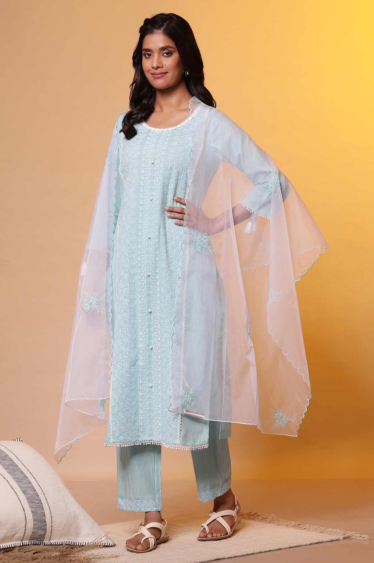 Blue Embroidered Cottom Kurta, Pants and Embroidered Dupatta - S