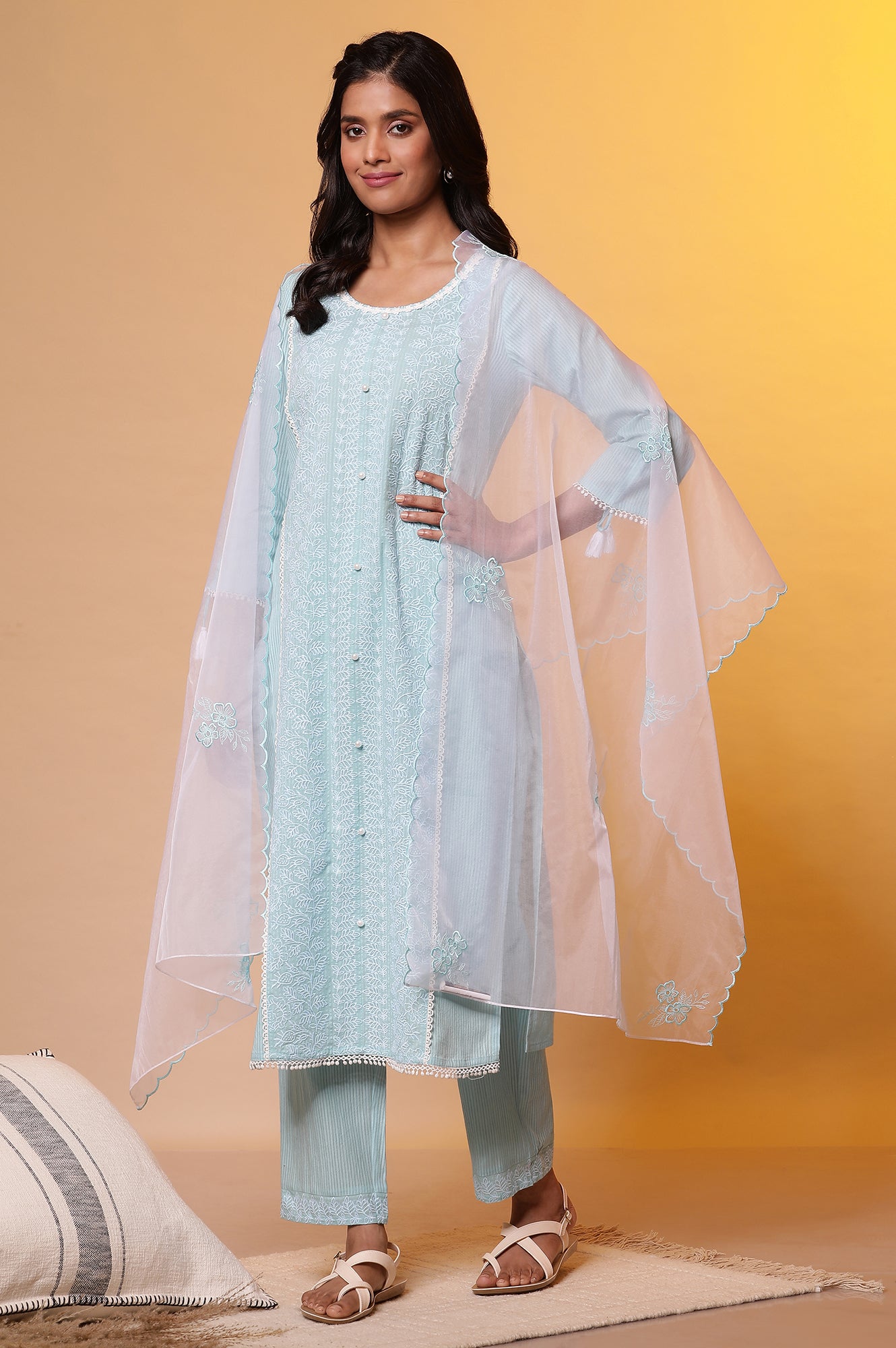 Blue Embroidered Cottom Kurta, Pants and Embroidered Dupatta