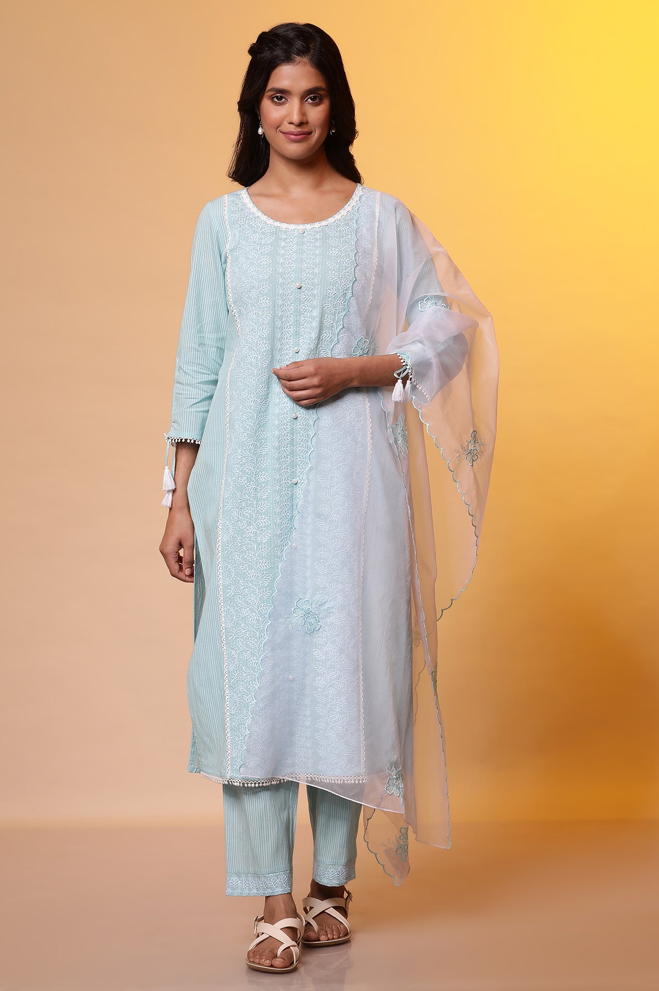 Blue Embroidered Cottom Kurta, Pants and Embroidered Dupatta